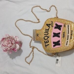 Gold Glitter 'Tequila' Bottle Crossbody Bag with Pink Accent